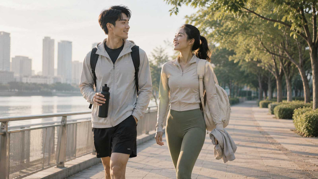 Active lifestyle movement scene with practical hydration and carry gear