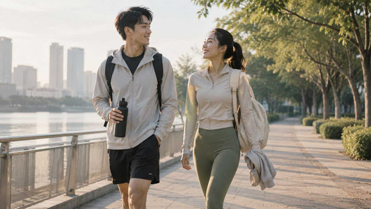 Active lifestyle movement scene with practical hydration and carry gear