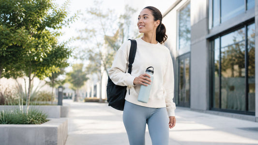 Everyday water bottle scene with a backpack and active commute setting for work and school routines