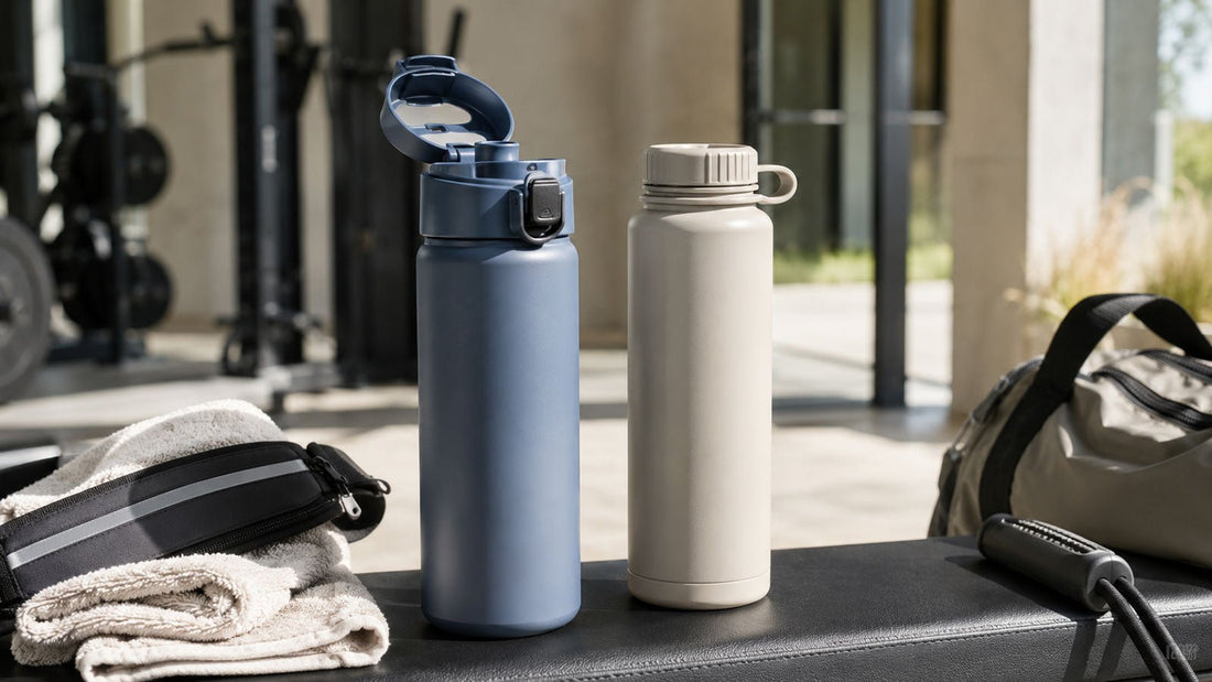 Water bottle lid comparison scene with flip lid and screw cap bottles for active fitness hydration routines