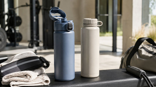 Water bottle lid comparison scene with flip lid and screw cap bottles for active fitness hydration routines