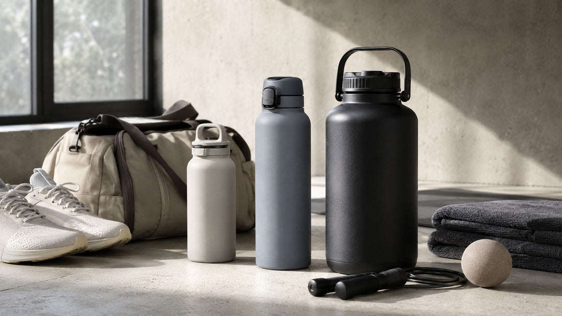 Water bottle capacity guide banner with different bottle sizes, gym gear, and daily hydration essentials
