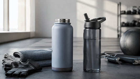 Wide mouth vs straw lid water bottles banner with two bottle styles and modern fitness hydration essentials