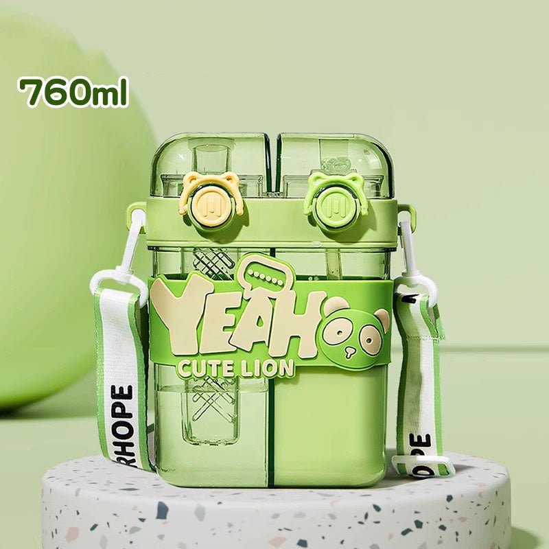 Kids Dual Chamber Straw Water Bottle with Strap SKU Green 760ML|Yiran Sportslife
