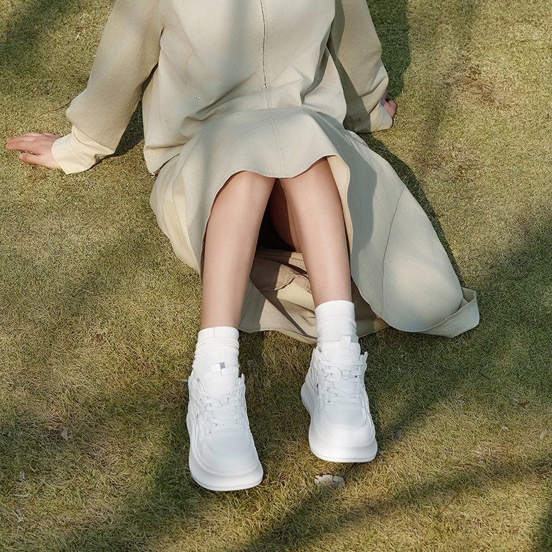 Ladies Fashion Vulcanized Chunky Sneaker 8cm Height Increase Cow Genuine Leather Women Platform Wedge Lace Up Shoes - Height Increasing Sneakers - Yiran Sportslife