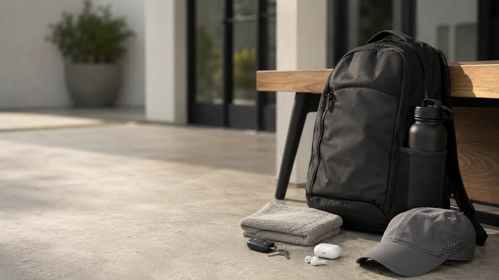 Active lifestyle gear setup with a sports water bottle, backpack, and everyday carry items arranged for movement and daily use.